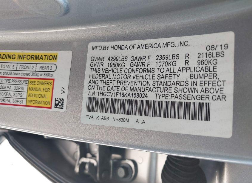 Photo 9 of 2019 Honda Accord LX (VIN 1HGCV1F18KA158024)