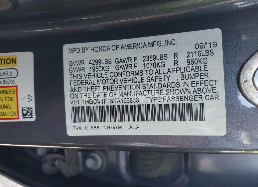 Photo 9 of 2019 Honda Accord LX (VIN 1HGCV1F18KA169833)