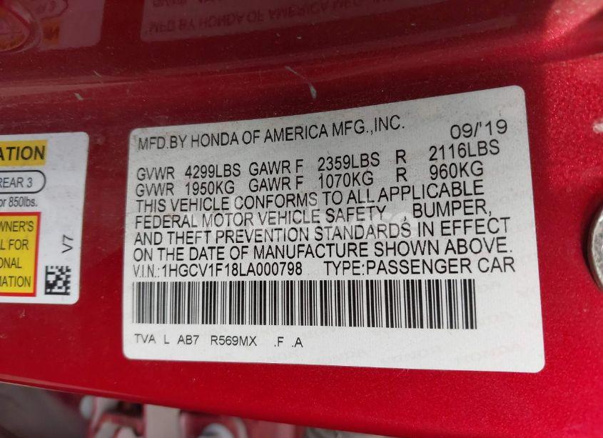 Photo 9 of 2020 Honda Accord LX (VIN 1HGCV1F18LA000798)