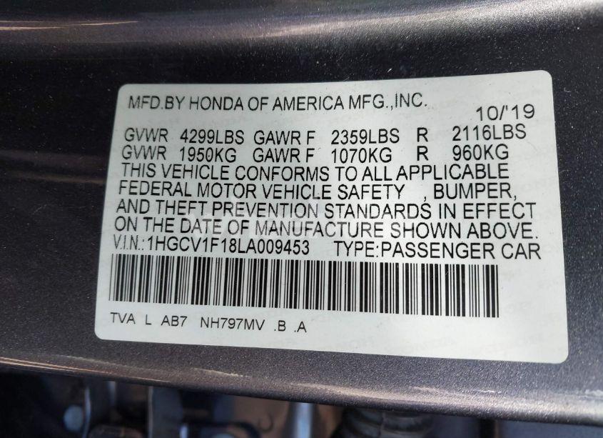 Photo 9 of 2020 Honda Accord LX (VIN 1HGCV1F18LA009453)