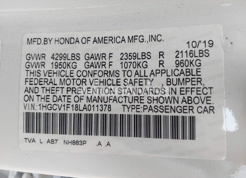 Photo 9 of 2020 Honda Accord LX (VIN 1HGCV1F18LA011378)