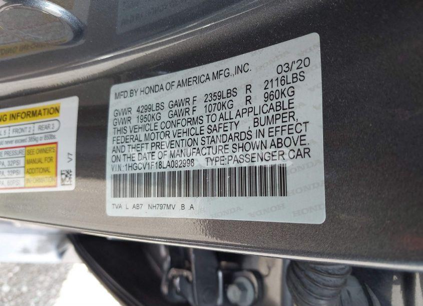 Photo 9 of 2020 Honda Accord LX (VIN 1HGCV1F18LA082998)