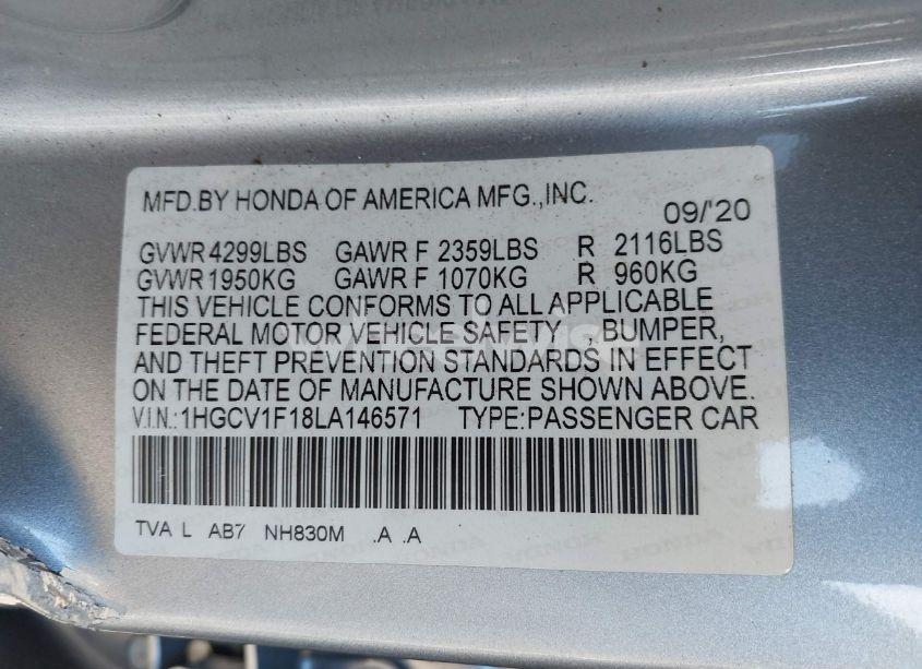 Photo 9 of 2020 Honda Accord LX (VIN 1HGCV1F18LA146571)