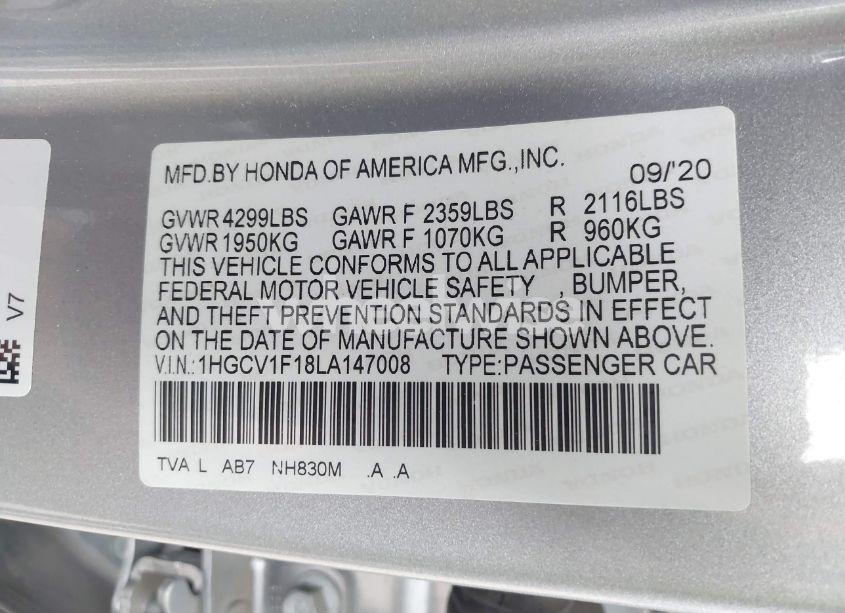 Photo 9 of 2020 Honda Accord LX (VIN 1HGCV1F18LA147008)
