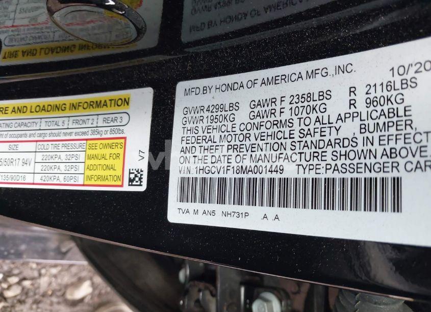 Photo 9 of 2021 Honda Accord LX (VIN 1HGCV1F18MA001449)