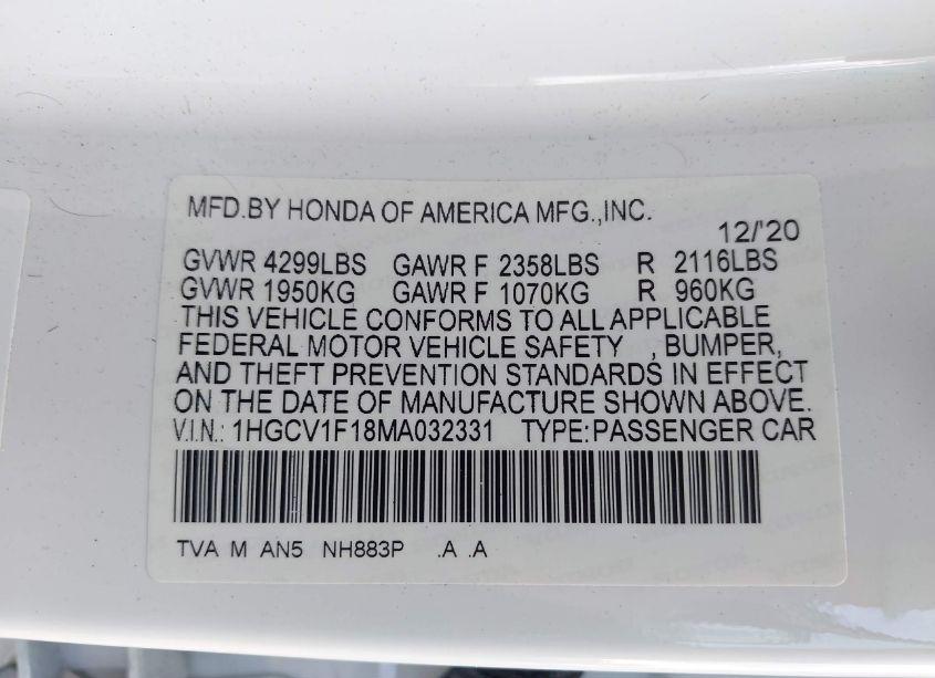 Photo 9 of 2021 Honda Accord LX (VIN 1HGCV1F18MA032331)