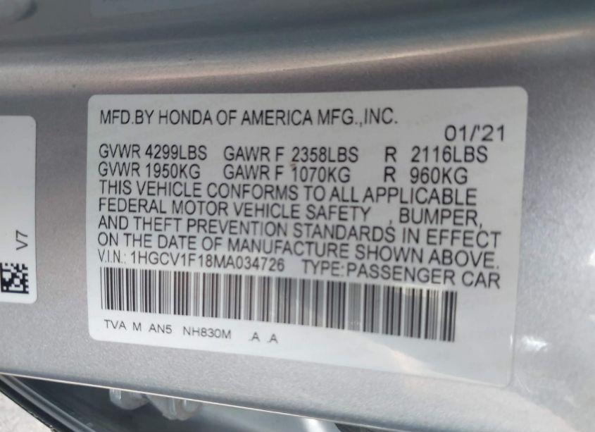 Photo 9 of 2021 Honda Accord LX (VIN 1HGCV1F18MA034726)