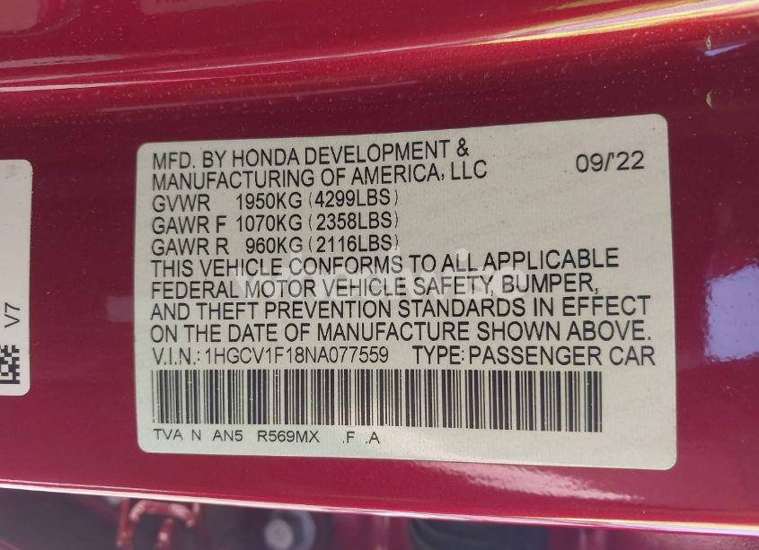 Photo 9 of 2022 Honda Accord LX (VIN 1HGCV1F18NA077559)