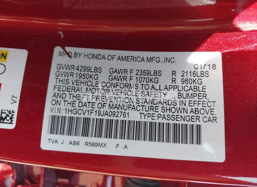 Photo 9 of 2018 Honda Accord LX (VIN 1HGCV1F19JA092761)