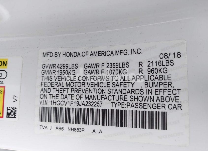 Photo 9 of 2018 Honda Accord LX (VIN 1HGCV1F19JA232257)