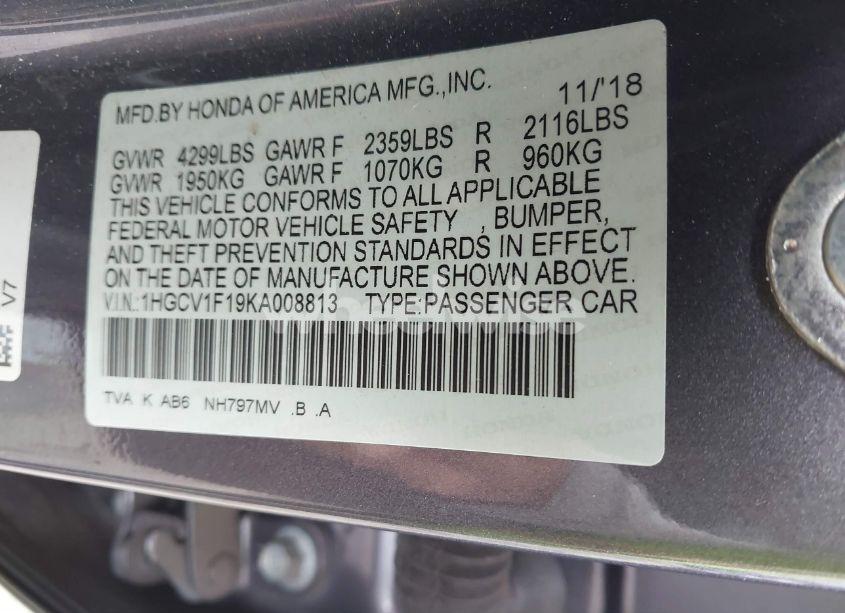 Photo 9 of 2019 Honda Accord LX (VIN 1HGCV1F19KA008813)