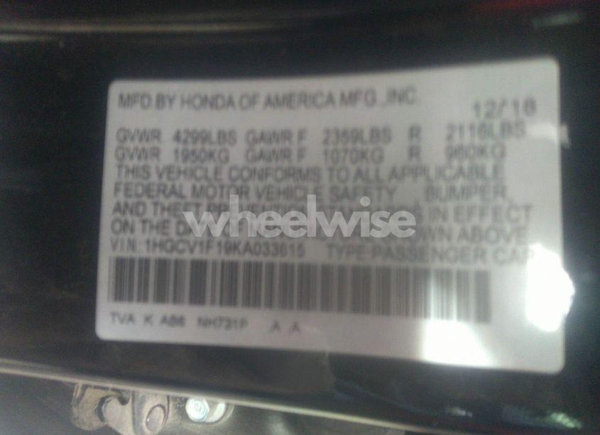 Photo 9 of 2019 Honda Accord LX (VIN 1HGCV1F19KA033615)