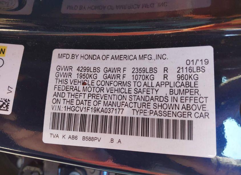 Photo 9 of 2019 Honda Accord LX (VIN 1HGCV1F19KA037177)