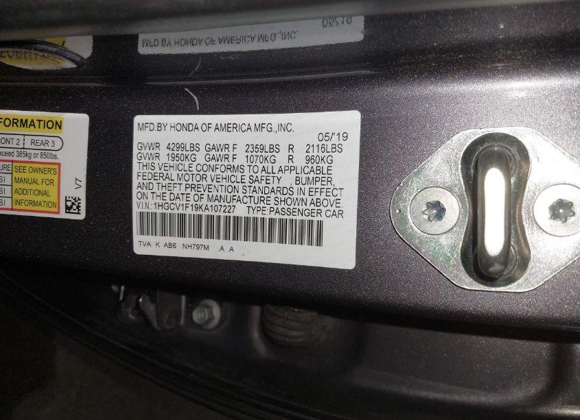 Photo 9 of 2019 Honda Accord LX (VIN 1HGCV1F19KA107227)