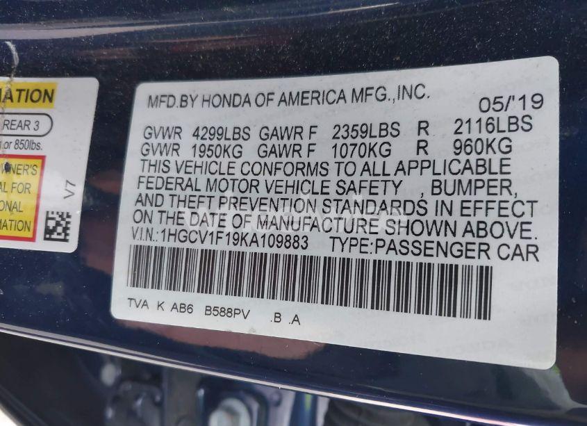 Photo 9 of 2019 Honda Accord LX (VIN 1HGCV1F19KA109883)