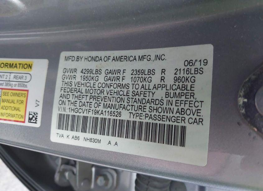 Photo 9 of 2019 Honda Accord LX (VIN 1HGCV1F19KA116526)