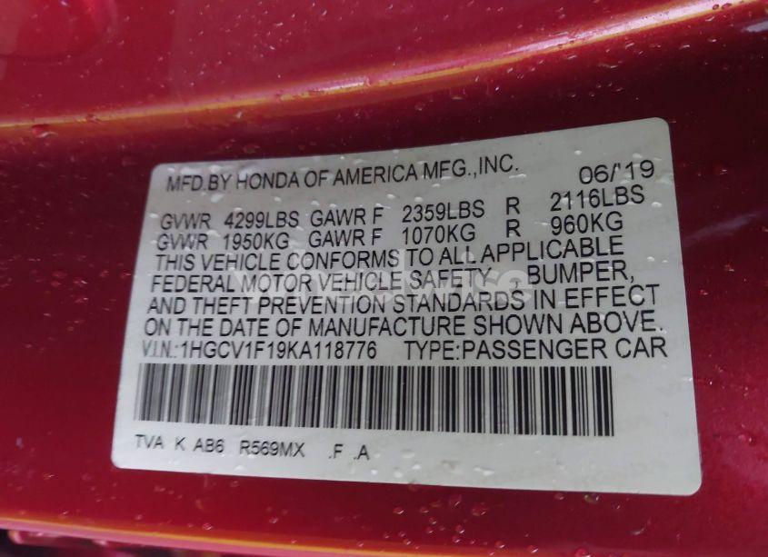 Photo 9 of 2019 Honda Accord LX (VIN 1HGCV1F19KA118776)