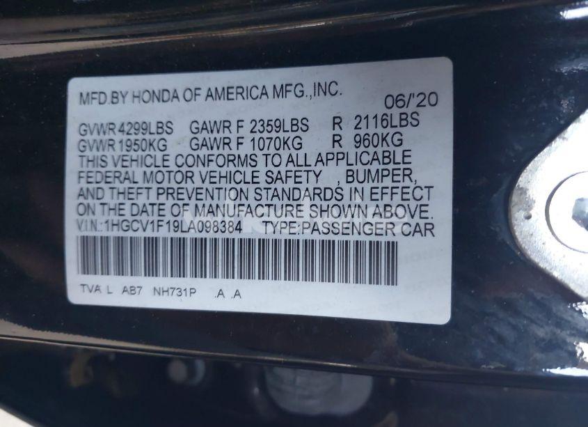 Photo 9 of 2020 Honda Accord LX (VIN 1HGCV1F19LA098384)