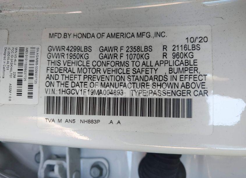 Photo 9 of 2021 Honda Accord LX (VIN 1HGCV1F19MA004893)