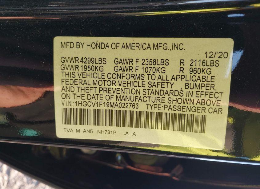 Photo 9 of 2021 Honda Accord LX (VIN 1HGCV1F19MA022763)