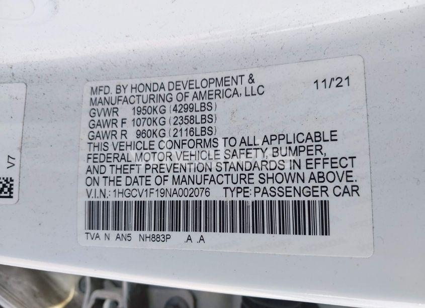 Photo 9 of 2022 Honda Accord LX (VIN 1HGCV1F19NA002076)