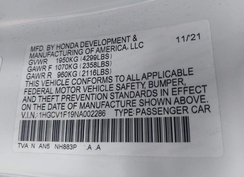 Photo 9 of 2022 Honda Accord LX (VIN 1HGCV1F19NA002286)
