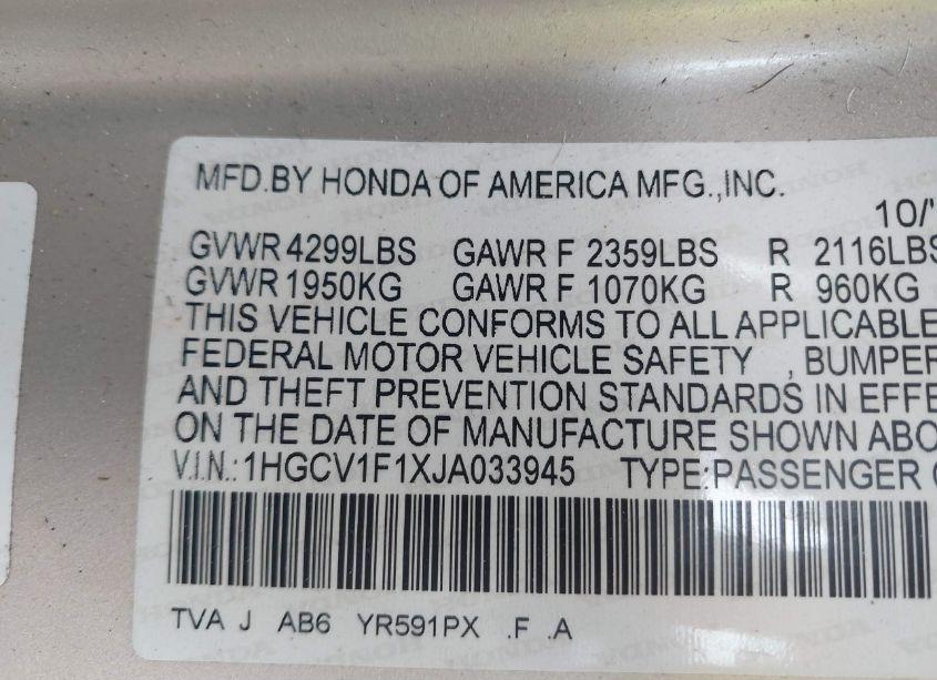 Photo 9 of 2018 Honda Accord LX (VIN 1HGCV1F1XJA033945)