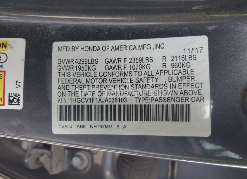 Photo 9 of 2018 Honda Accord LX (VIN 1HGCV1F1XJA036103)