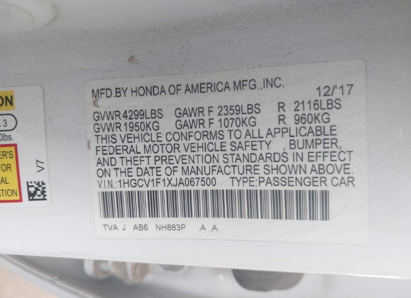 Photo 9 of 2018 Honda Accord LX (VIN 1HGCV1F1XJA067500)