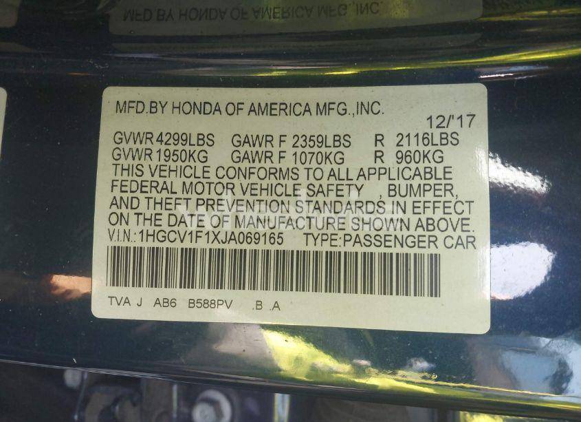 Photo 9 of 2018 Honda Accord LX (VIN 1HGCV1F1XJA069165)