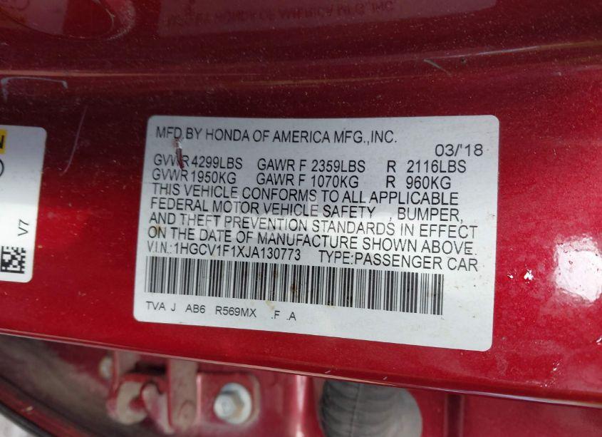 Photo 9 of 2018 Honda Accord LX (VIN 1HGCV1F1XJA130773)