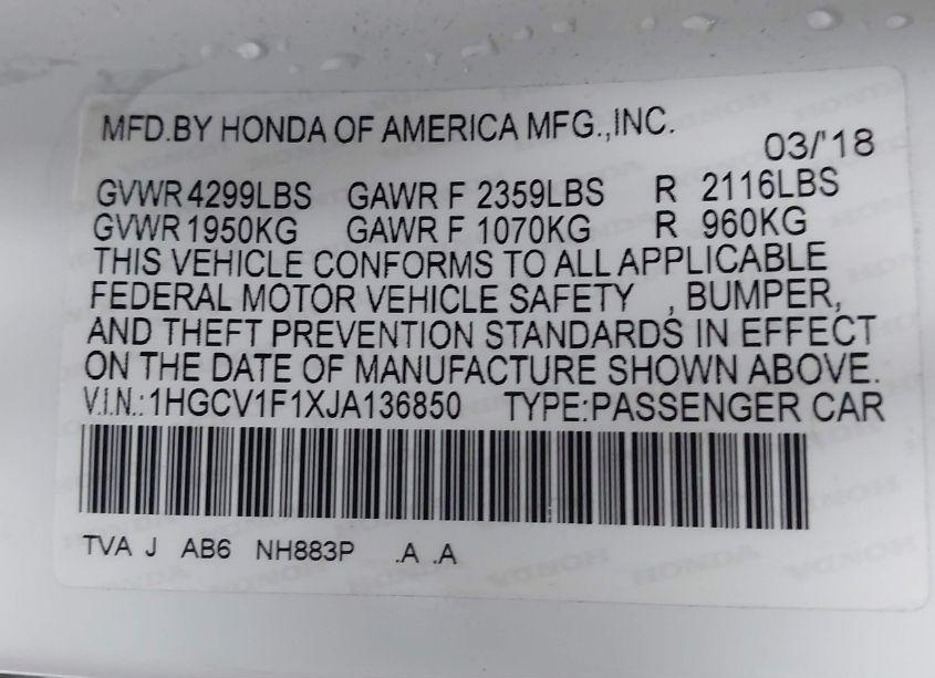 Photo 9 of 2018 Honda Accord LX (VIN 1HGCV1F1XJA136850)