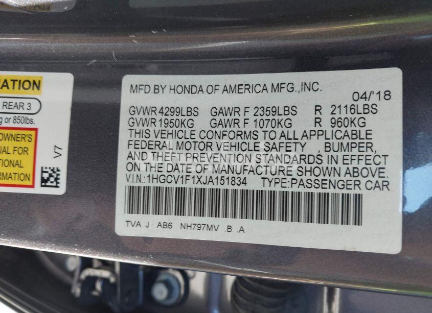 Photo 9 of 2018 Honda Accord LX (VIN 1HGCV1F1XJA151834)