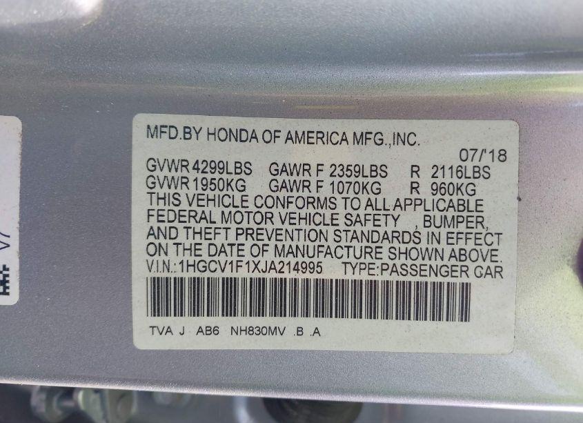 Photo 9 of 2018 Honda Accord LX (VIN 1HGCV1F1XJA214995)