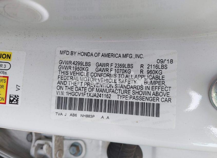 Photo 9 of 2018 Honda Accord LX (VIN 1HGCV1F1XJA241162)