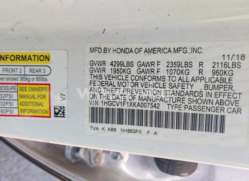 Photo 9 of 2019 Honda Accord LX (VIN 1HGCV1F1XKA007542)