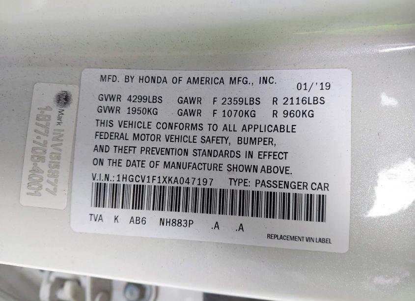 Photo 9 of 2019 Honda Accord LX (VIN 1HGCV1F1XKA047197)