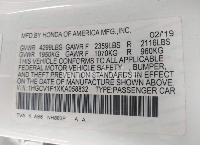 Photo 9 of 2019 Honda Accord LX (VIN 1HGCV1F1XKA058832)