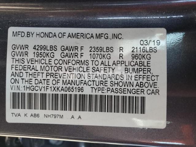 Photo 2 of 2019 HONDA ACCORD LX N/A (VIN 1HGCV1F1XKA065196)