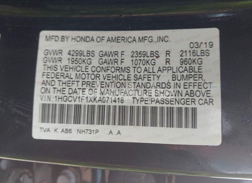 Photo 9 of 2019 Honda Accord LX (VIN 1HGCV1F1XKA071418)