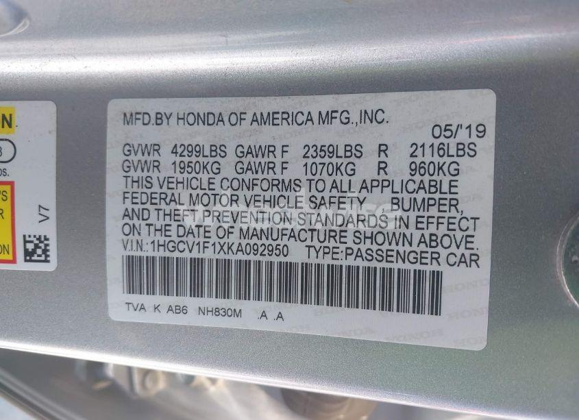 Photo 9 of 2019 Honda Accord LX (VIN 1HGCV1F1XKA092950)