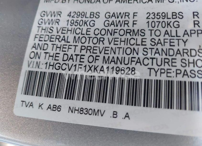 Photo 9 of 2019 Honda Accord LX (VIN 1HGCV1F1XKA119628)