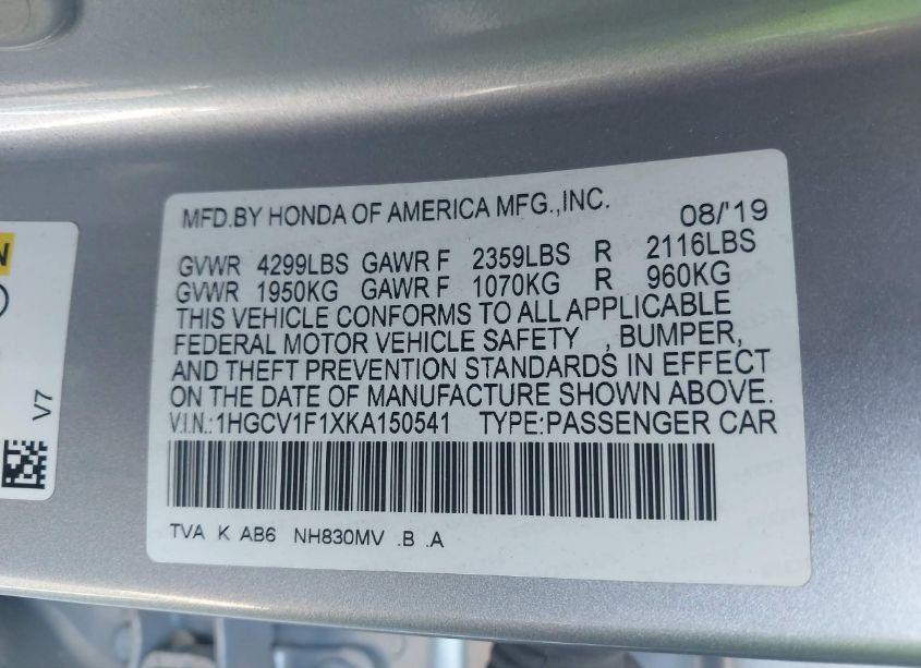 Photo 9 of 2019 Honda Accord LX (VIN 1HGCV1F1XKA150541)