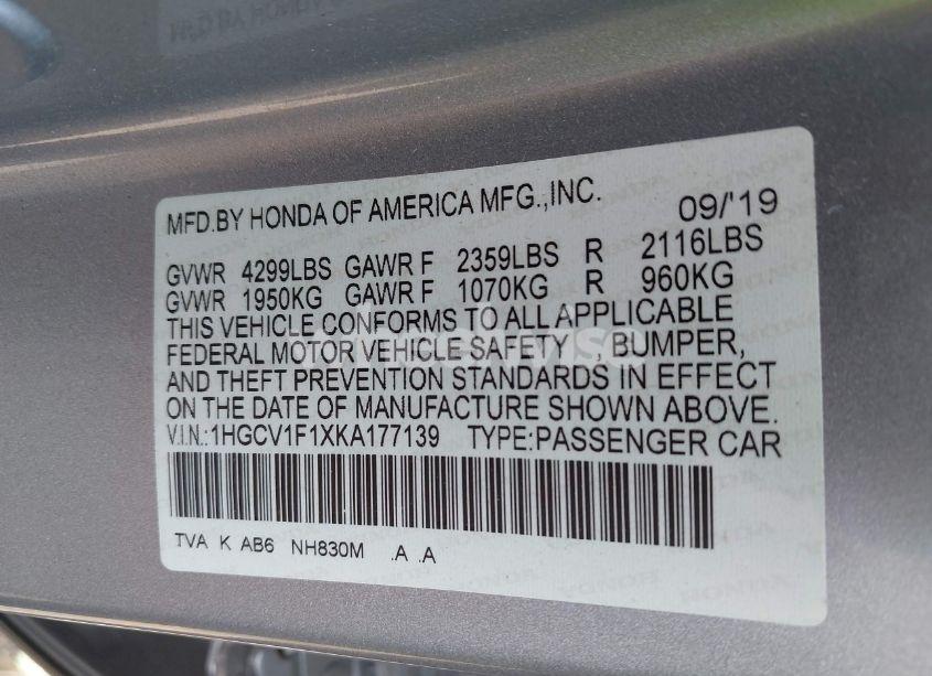 Photo 9 of 2019 Honda Accord LX (VIN 1HGCV1F1XKA177139)