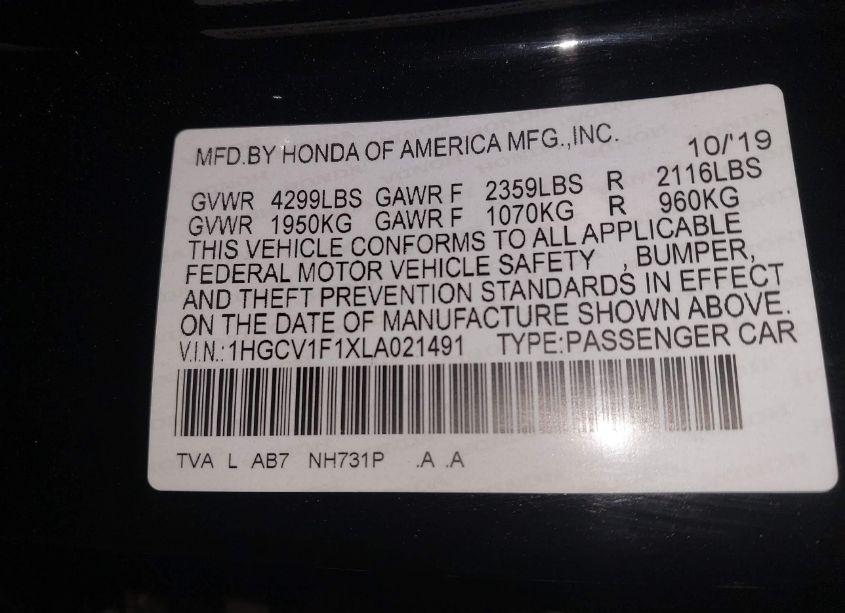 Photo 9 of 2020 Honda Accord LX (VIN 1HGCV1F1XLA021491)