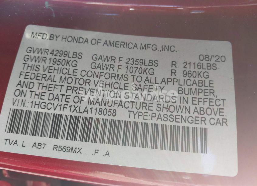 Photo 9 of 2020 Honda Accord LX (VIN 1HGCV1F1XLA118058)