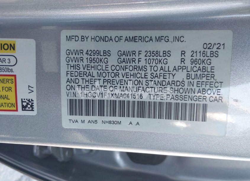 Photo 9 of 2021 Honda Accord LX (VIN 1HGCV1F1XMA041516)