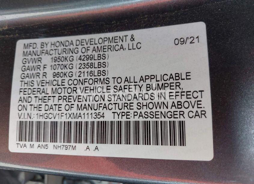 Photo 9 of 2021 Honda Accord LX (VIN 1HGCV1F1XMA111354)