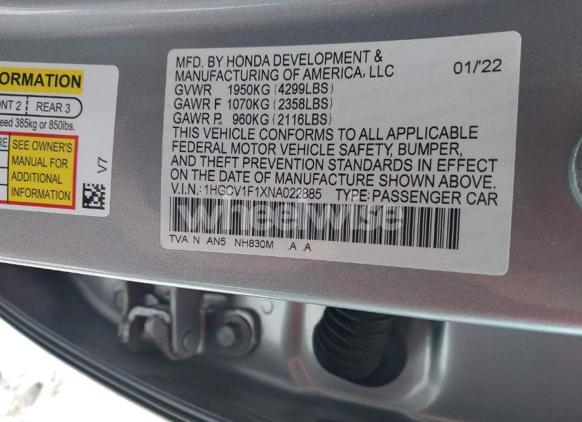 Photo 9 of 2022 Honda Accord LX (VIN 1HGCV1F1XNA022885)