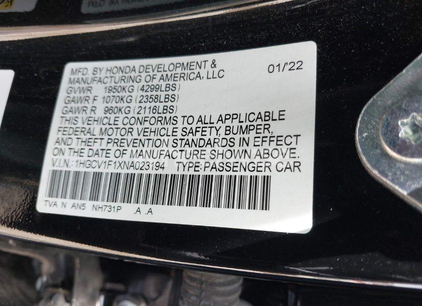 Photo 9 of 2022 Honda Accord LX (VIN 1HGCV1F1XNA023194)